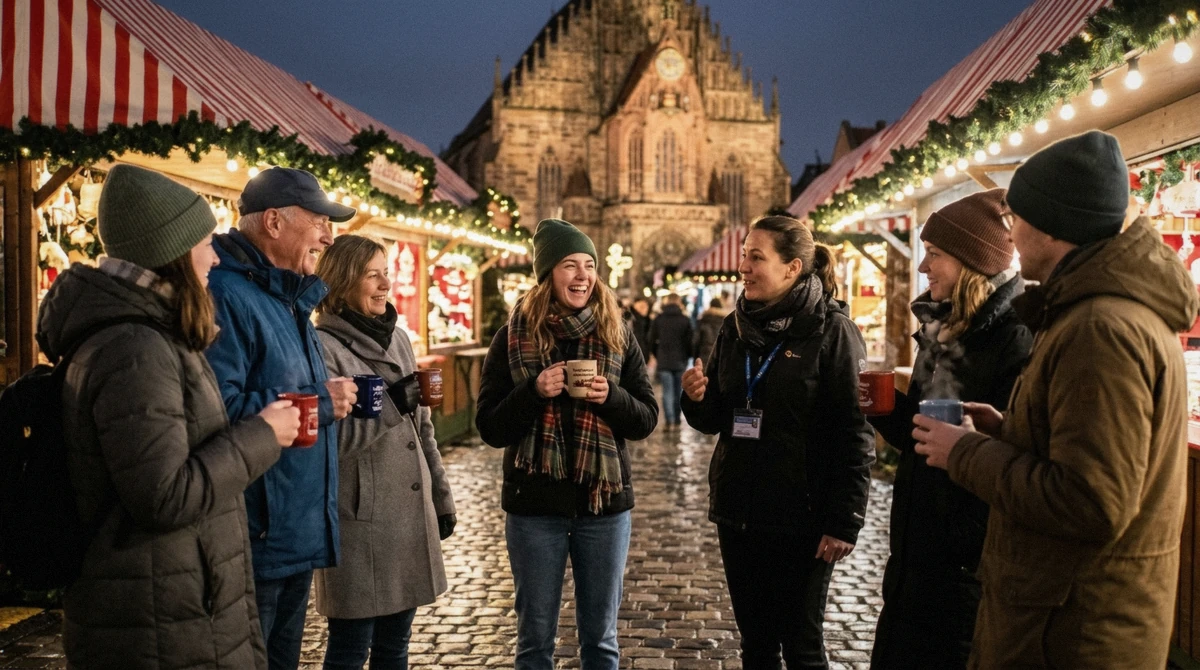 A guide and a small group with mugs of Glühwein between striped market stalls on the Hauptmarkt at dusk