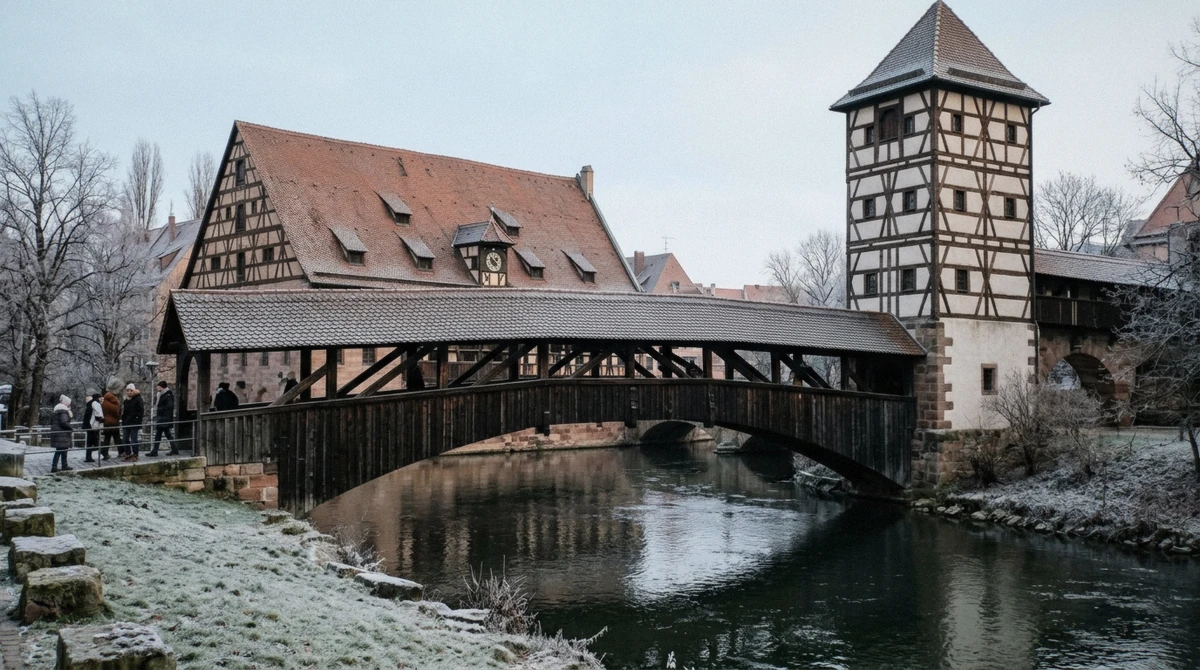 The covered Hangman's Bridge over the Pegnitz river in Nuremberg on a frosty December morning