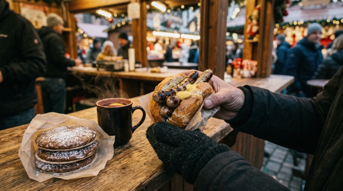 Three small Nuremberg sausages in a roll next to round Elisenlebkuchen and a mug of Glühwein on a stall counter