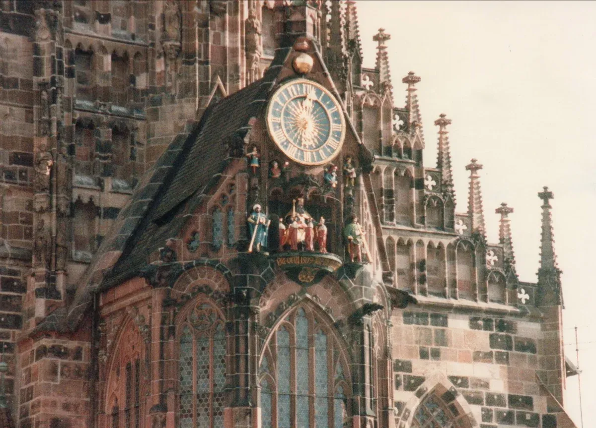 The gothic gable of the Frauenkirche with its clock and the figures of the seven electors